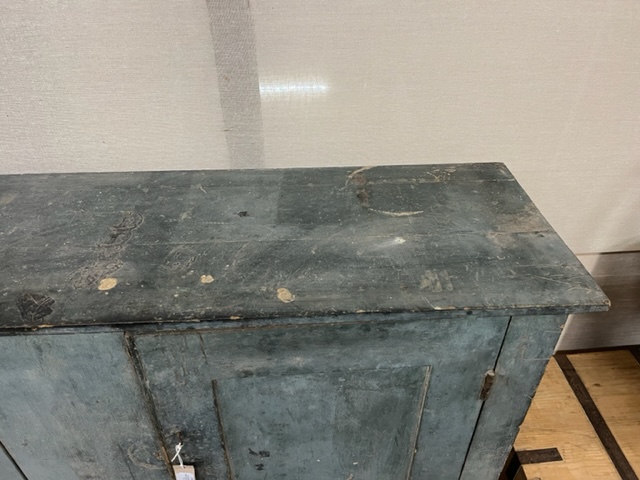 A 19th century French painted pine two door side cabinet, width 161cm, depth 41cm, height 125cm